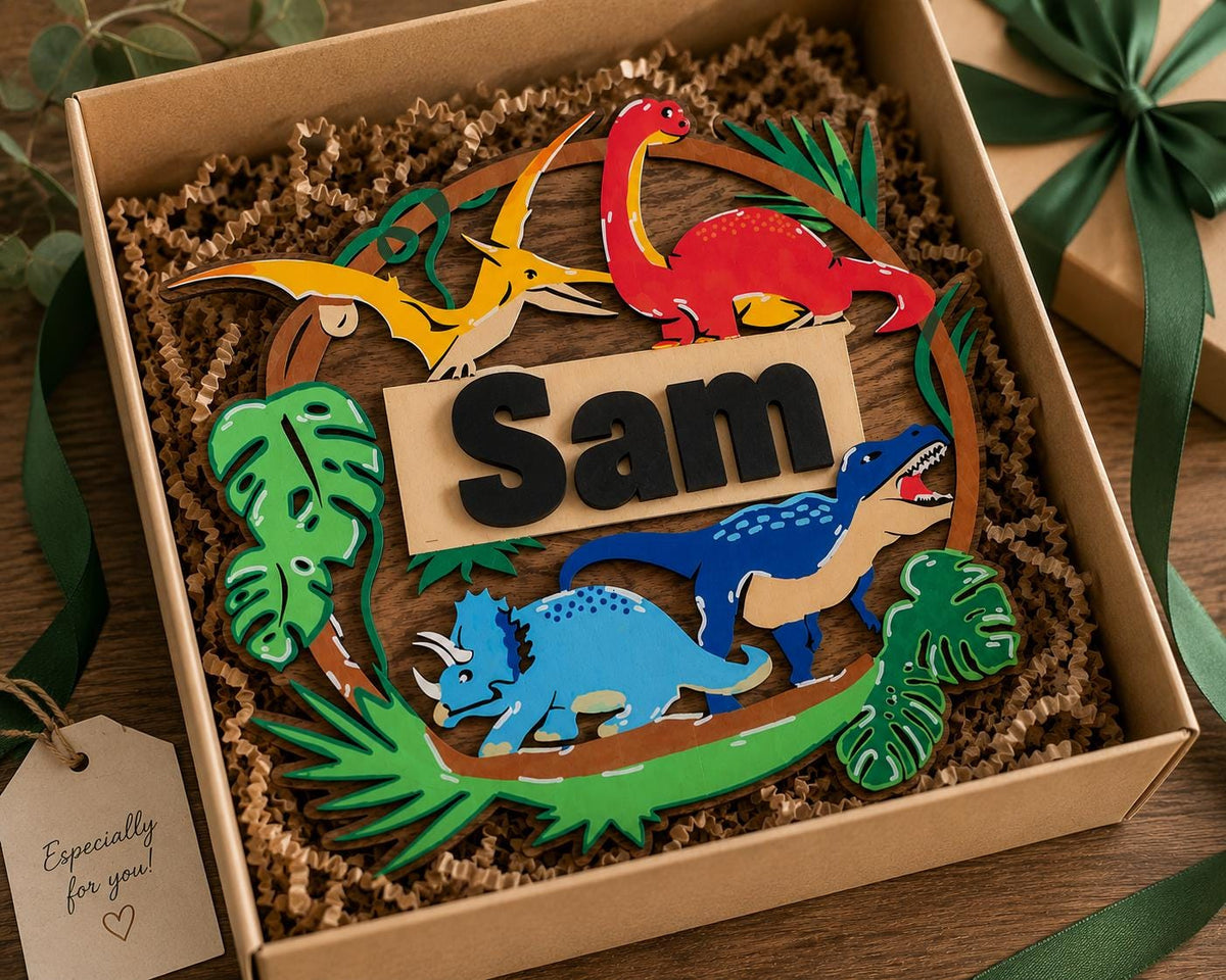 Personalized Dinosaur Name Sign, Laser Cut Hand Painted Wooden Nursery Decor