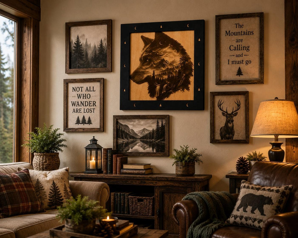 Laser Engraved Wolf Mountain Wood Art – Rustic Cabin Decor (11"x11")