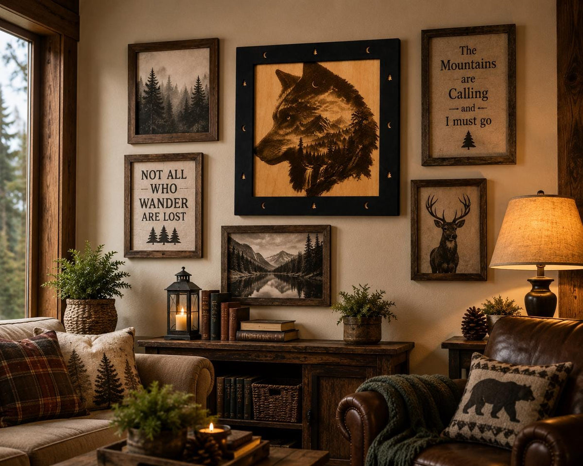 Laser Engraved Wolf Mountain Wood Art – Rustic Cabin Decor (11"x11")
