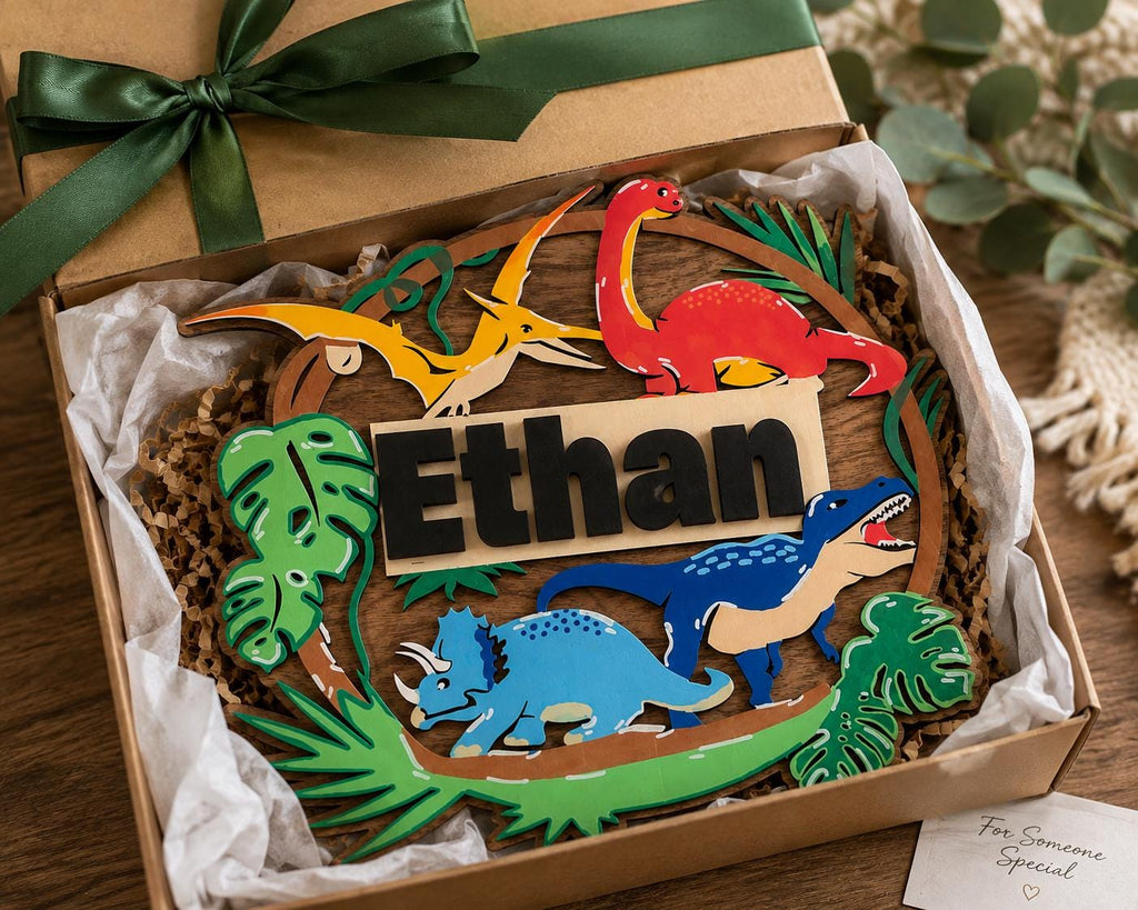 Personalized Dinosaur Name Sign, Laser Cut Hand Painted Wooden Nursery Decor