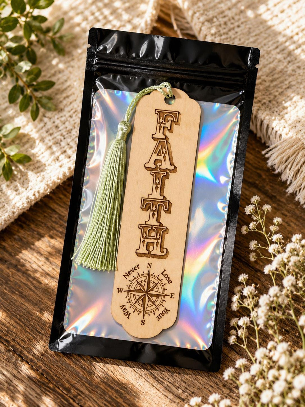 Laser Engraved Basswood Bookmark with Tassel, Inspirational Compass Design (Faith, Hope, Love, Grace)