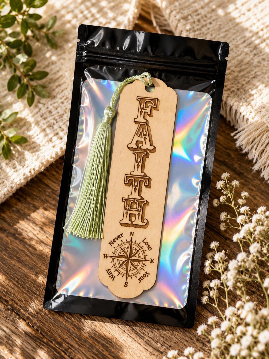 Laser Engraved Basswood Bookmark with Tassel, Inspirational Compass Design (Faith, Hope, Love, Grace)