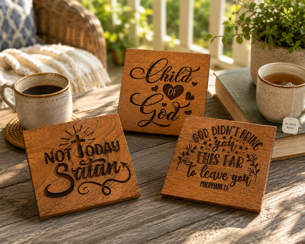 Christian "Child of God" Wood Coasters – Laser Engraved Faith Drinkware Set