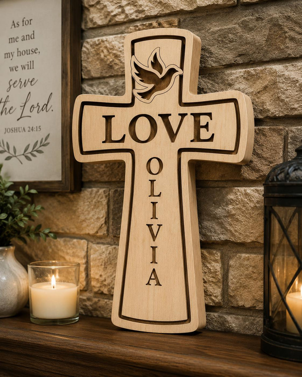 Personalized 3D Wooden Cross Decor, Love Dove Name Sign, Christian Faith Home Art