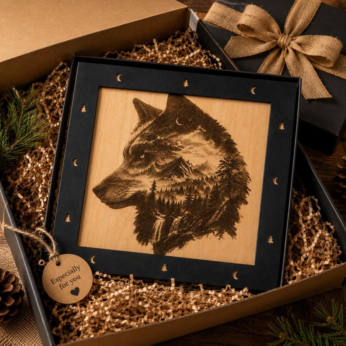 Laser Engraved Wolf Mountain Wood Art – Rustic Cabin Decor (11"x11")