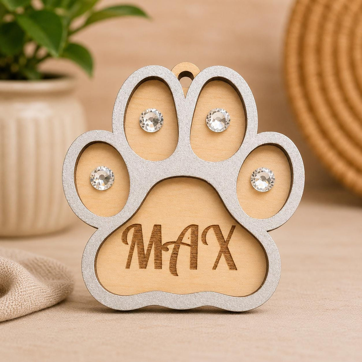 Personalized Wooden Paw Print Ornament – Laser Engraved Pet Name, Glass Stones Charm