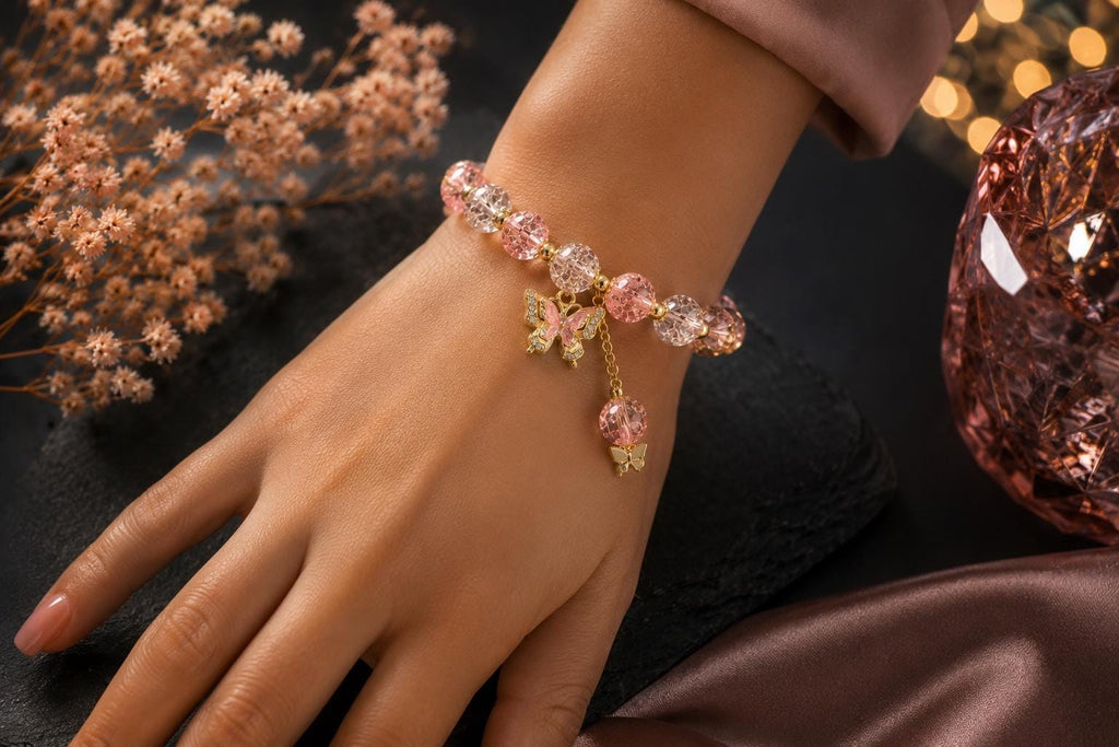 Beaded Stretch Bracelet with Butterfly Charm | Handmade Pink Crystal Jewelry