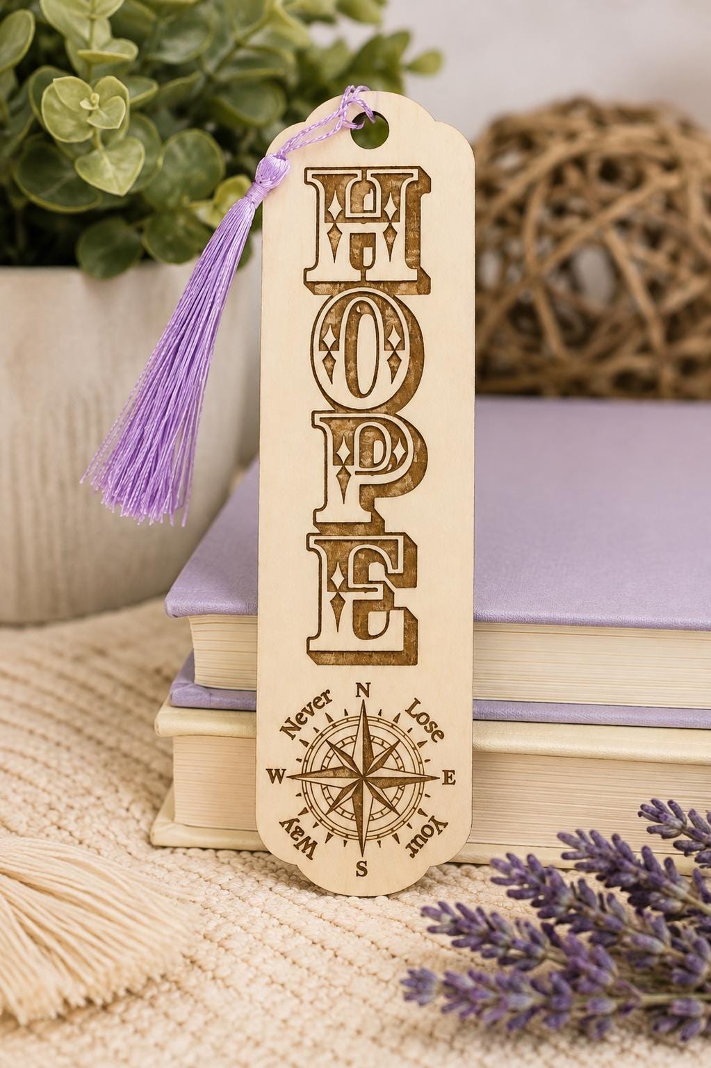 Laser Engraved Basswood Bookmark with Tassel, Inspirational Compass Design (Faith, Hope, Love, Grace)