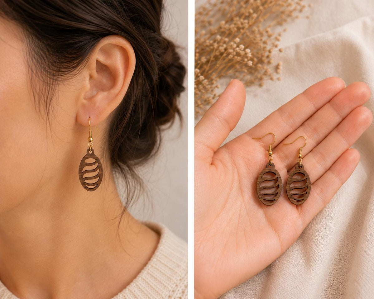 Handmade Walnut Wood Dangle Earrings | Laser Cut Lightweight Jewelry