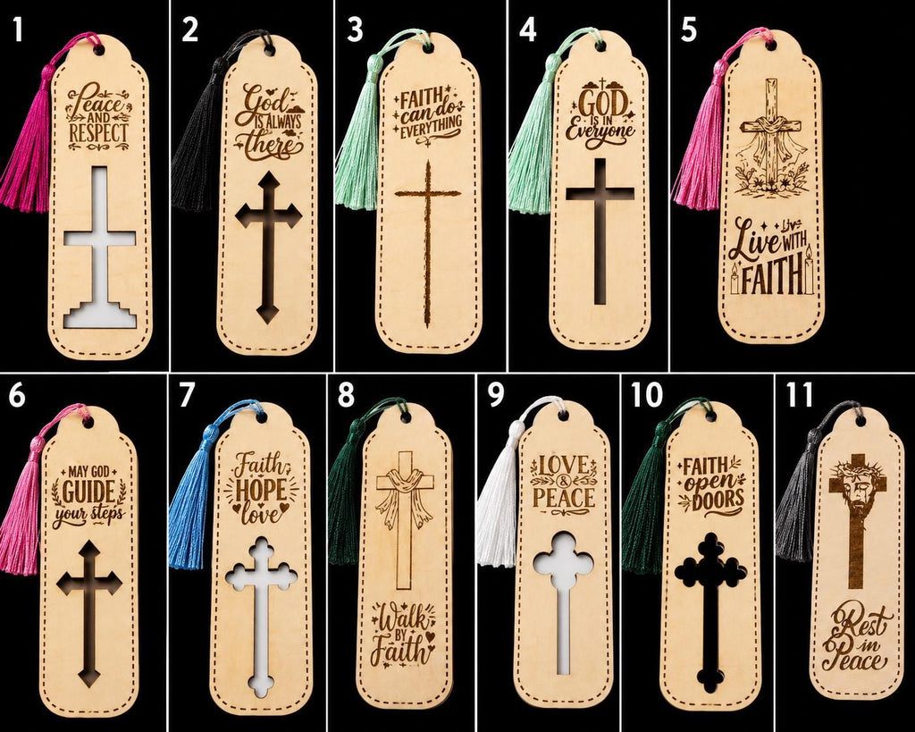 Set of 5 Laser Engraved Wooden Bookmarks | Scripture Inspired, Faith Tassel Bundle