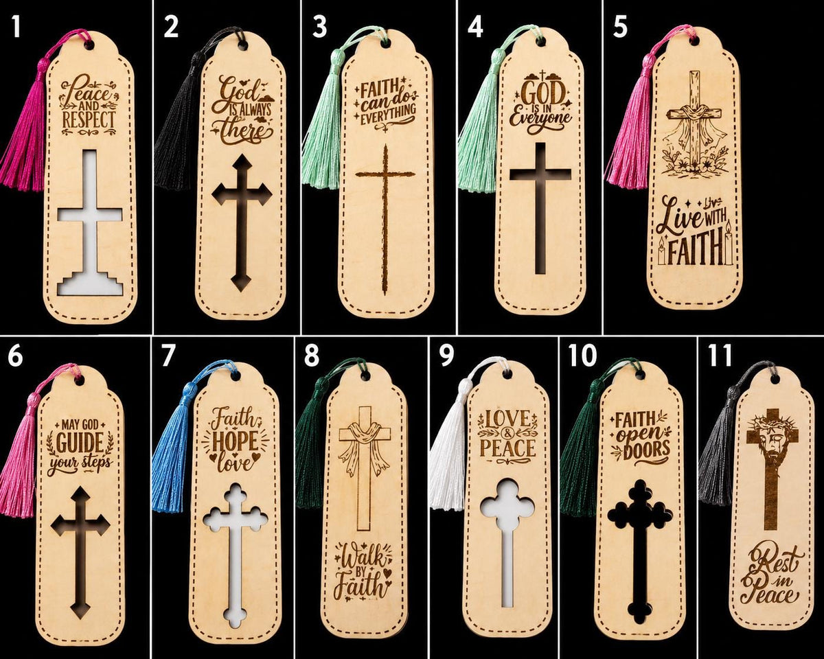 Set of 5 Laser Engraved Wooden Bookmarks | Scripture Inspired, Faith Tassel Bundle