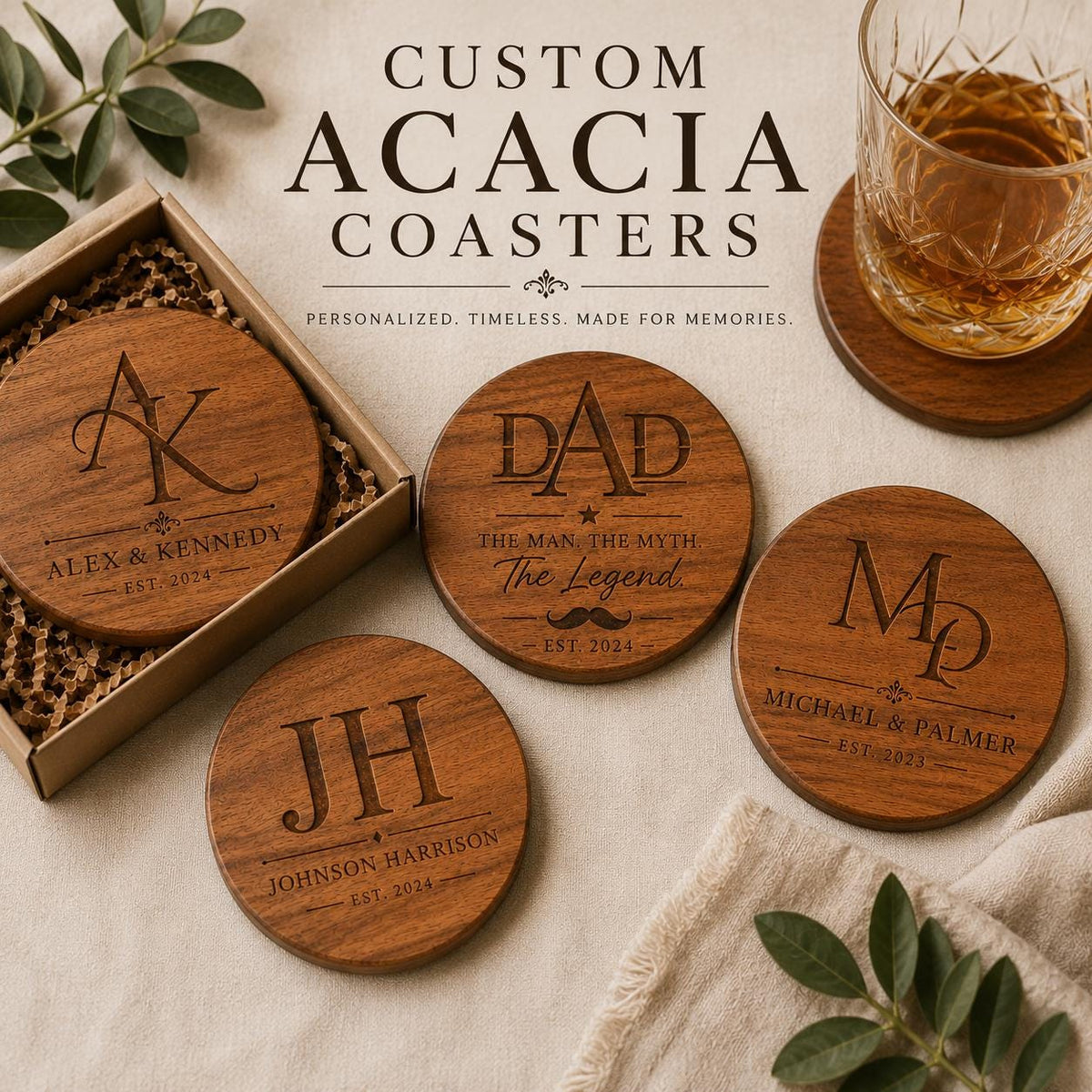 Personalized Acacia Wood Coaster Set, Custom Engraved Monogram, Wedding Housewarming Gift