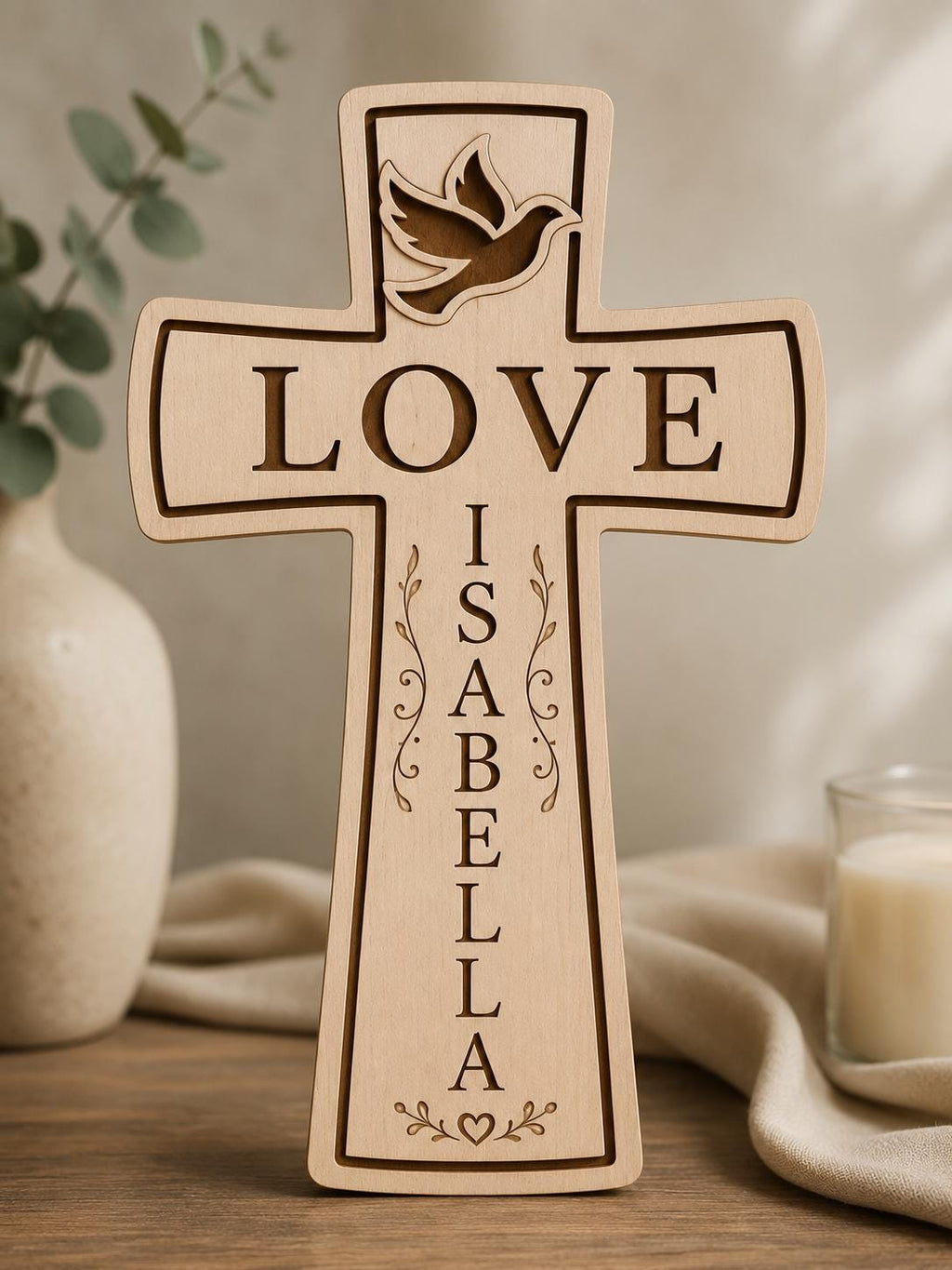 Personalized 3D Wooden Cross Decor, Love Dove Name Sign, Christian Faith Home Art