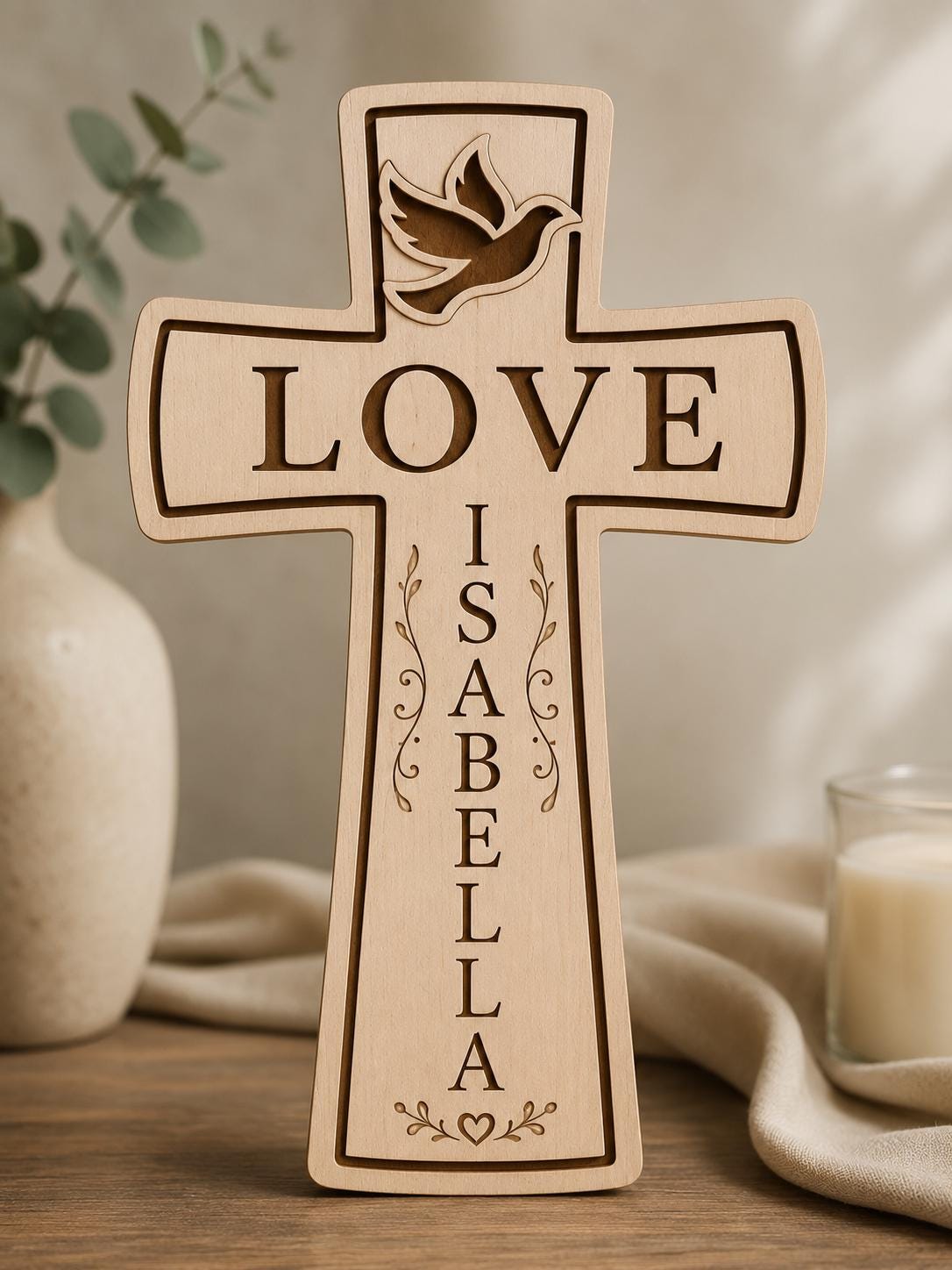 Personalized 3D Wooden Cross Decor, Love Dove Name Sign, Christian Faith Home Art