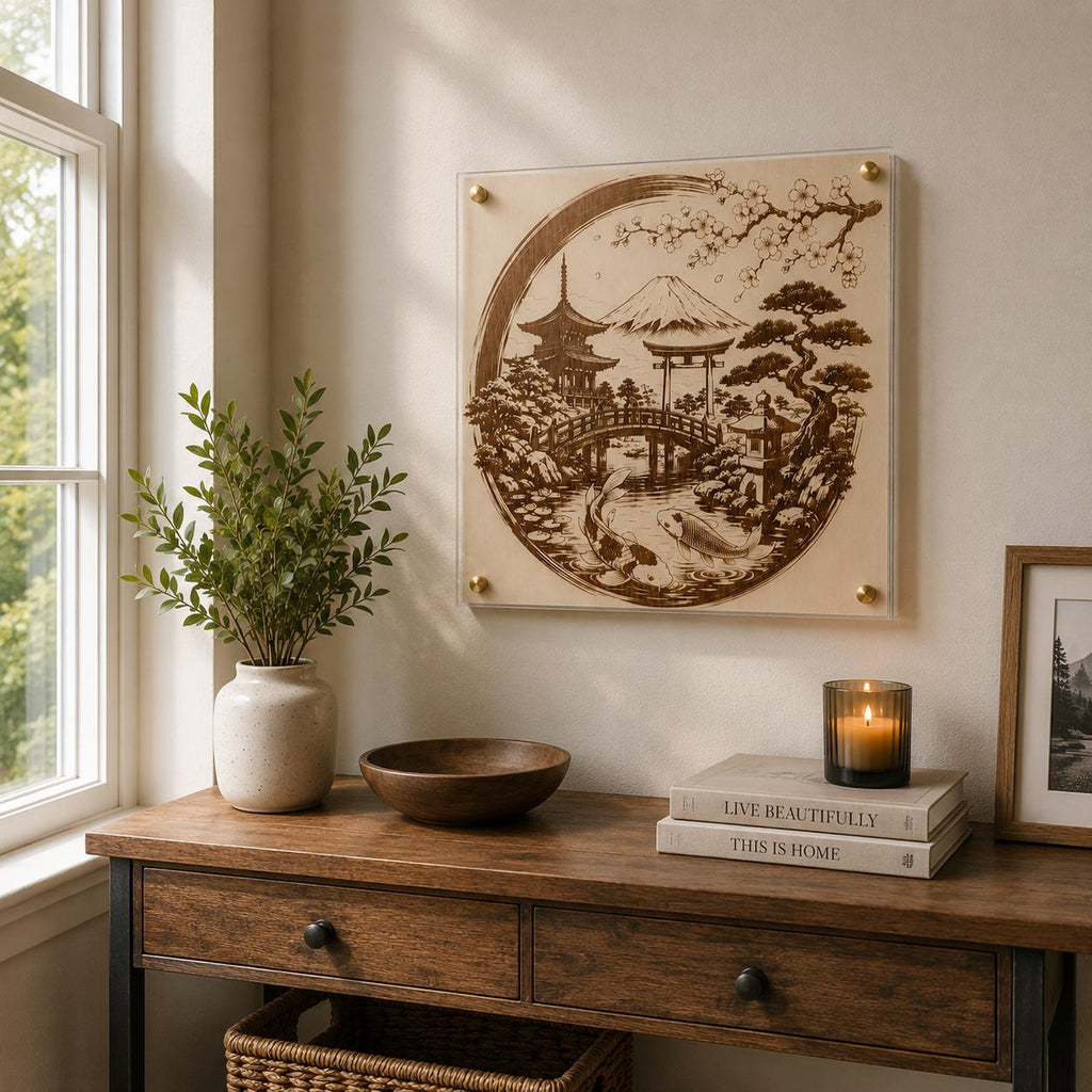 Japanese Geisha Wood Wall Art | Laser Engraved Koi, Cherry Blossoms (12x12")