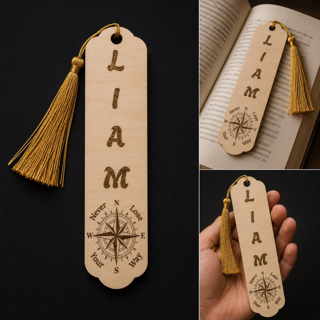 Custom Engraved Wooden Bookmark | Personalized Name, Compass Design, Tassel Detail