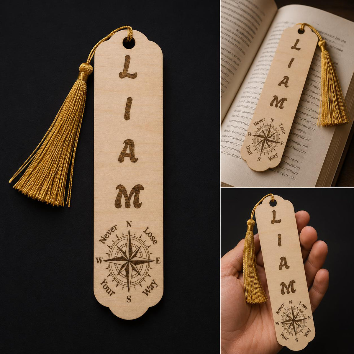 Custom Engraved Wooden Bookmark | Personalized Name, Compass Design, Tassel Detail