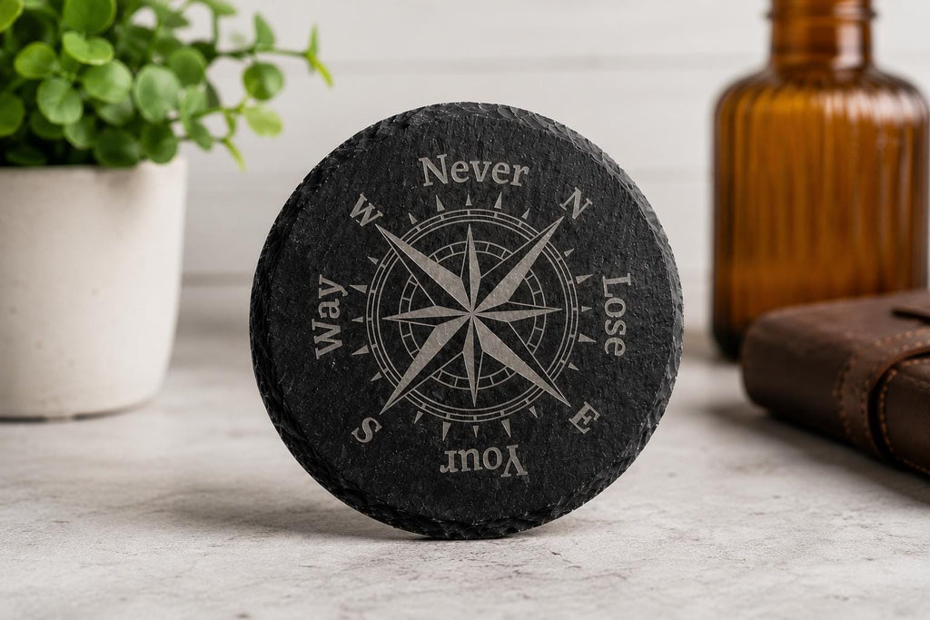 Never Lose Your Way Slate Coasters. Compass Engraved Drink Coasters