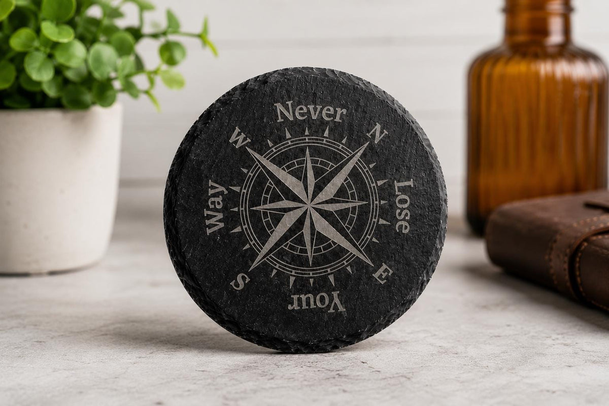 Never Lose Your Way Slate Coasters. Compass Engraved Drink Coasters