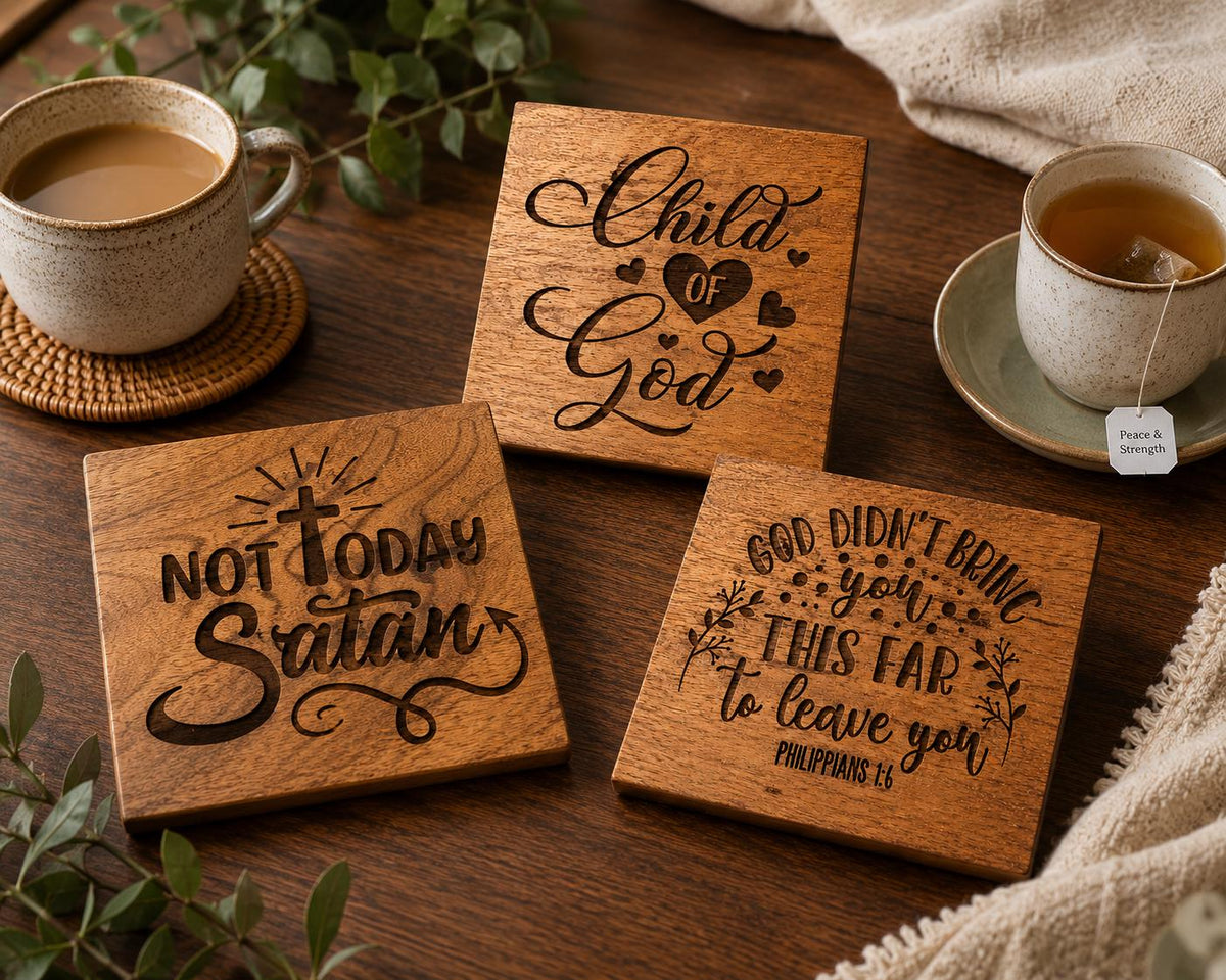 Christian "Child of God" Wood Coasters – Laser Engraved Faith Drinkware Set