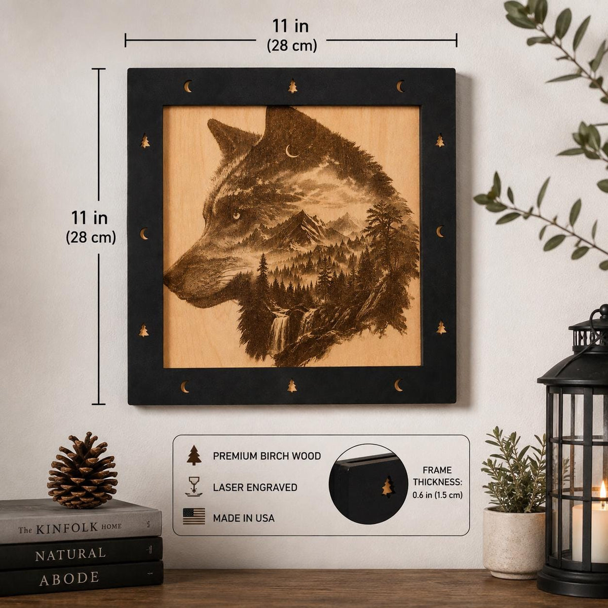 Laser Engraved Wolf Mountain Wood Art – Rustic Cabin Decor (11"x11")