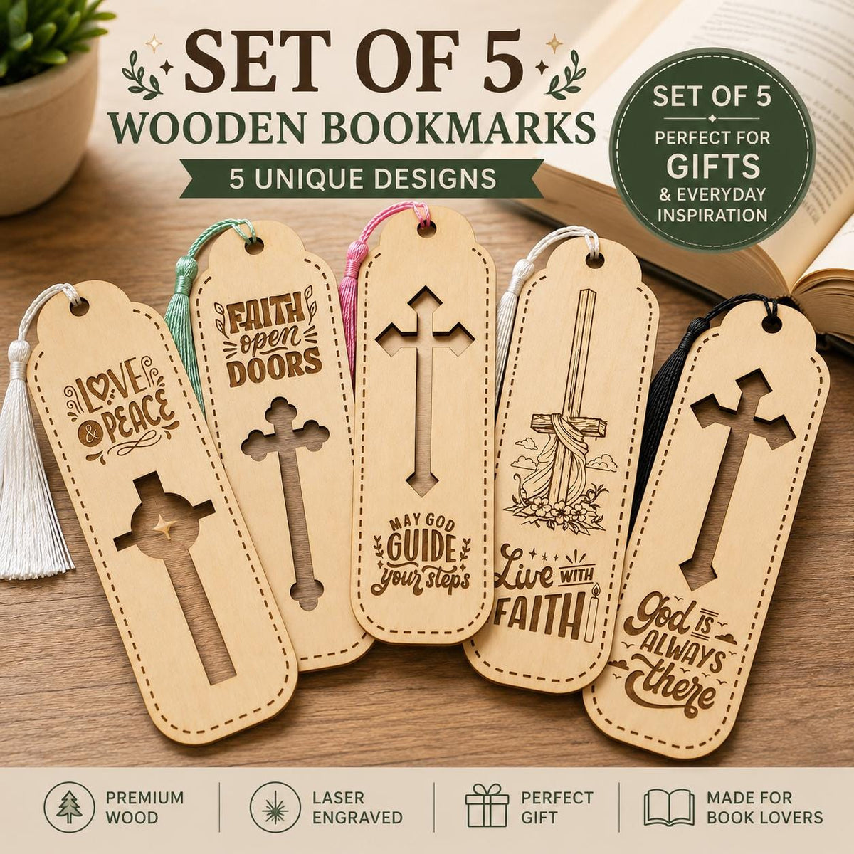 Set of 5 Laser Engraved Wooden Bookmarks | Scripture Inspired, Faith Tassel Bundle
