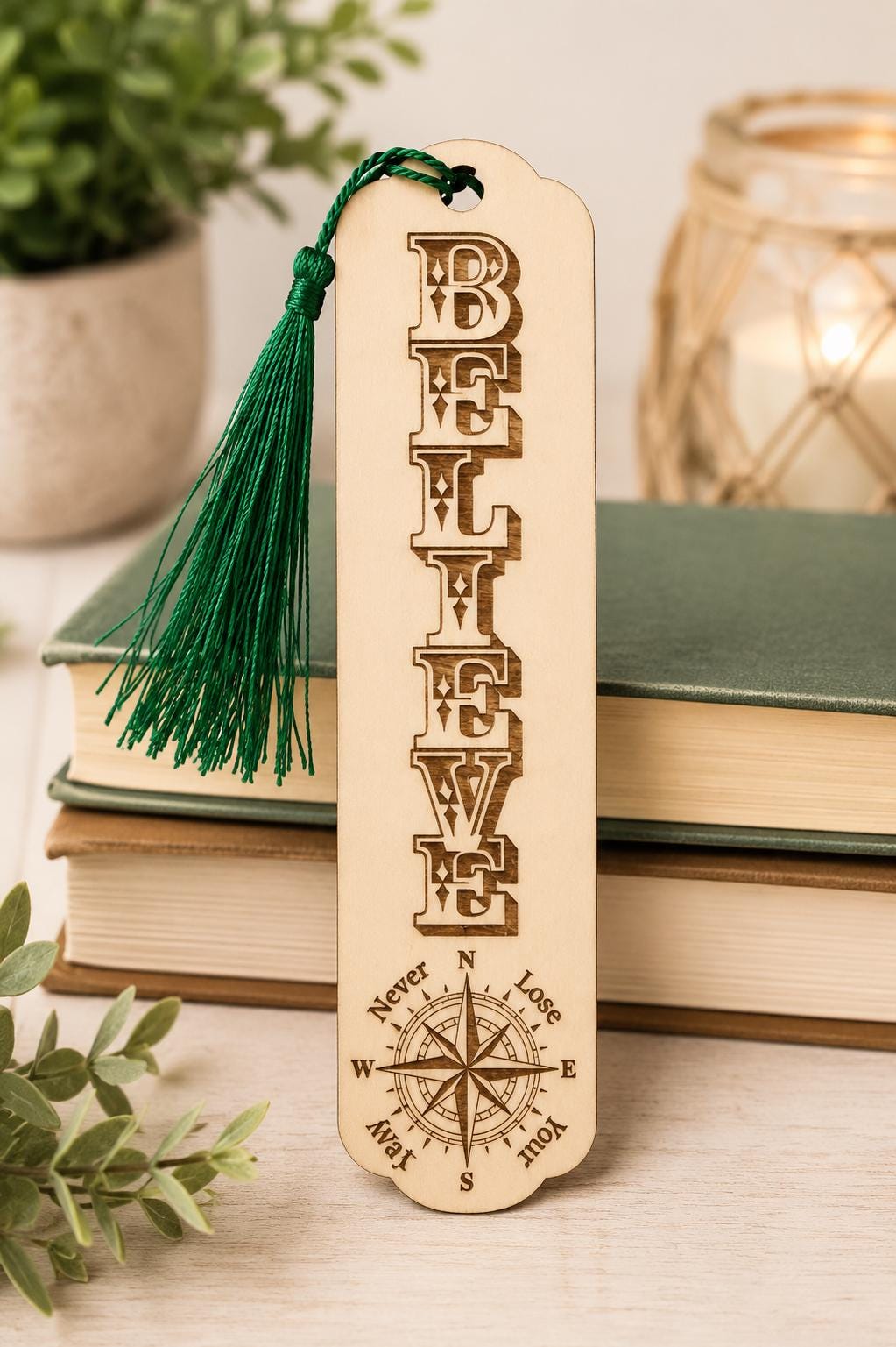 Laser Engraved Basswood Bookmark with Tassel, Inspirational Compass Design (Faith, Hope, Love, Grace)