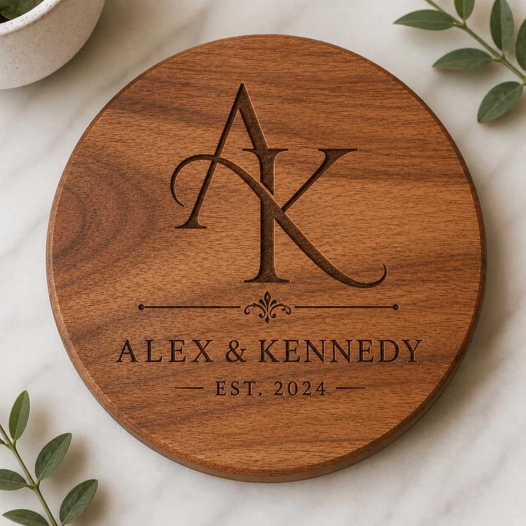 Personalized Acacia Wood Coaster Set, Custom Engraved Monogram, Wedding Housewarming Gift