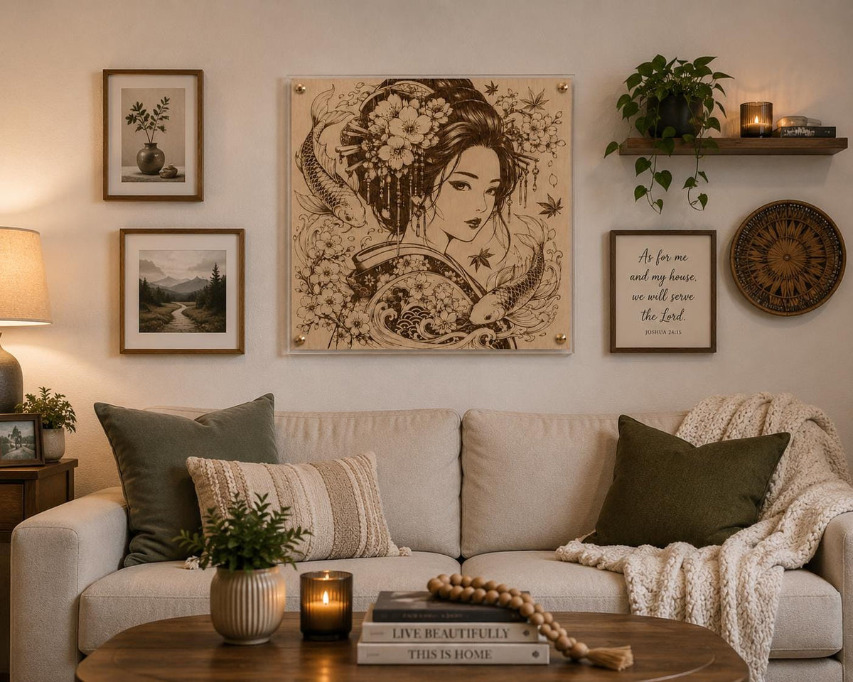 Japanese Geisha Wood Wall Art | Laser Engraved Koi, Cherry Blossoms (12x12")
