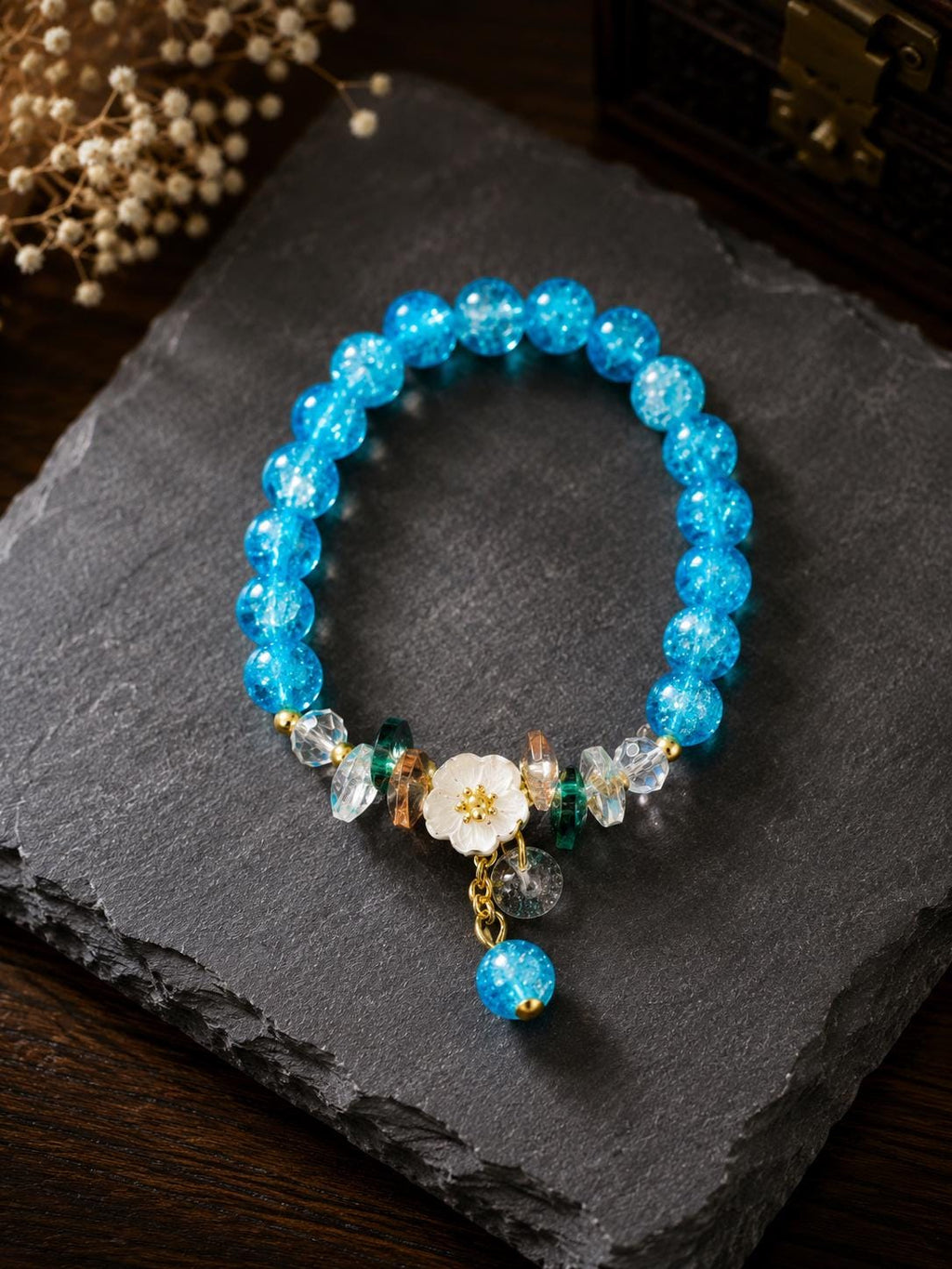 Beaded Stretch Bracelet with Butterfly Charm | Handmade Pink Crystal Jewelry