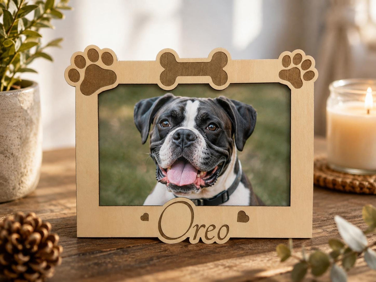 Personalized Dog Photo Frame – Engraved Wood, Paw Prints, Bone Design (Custom Name)