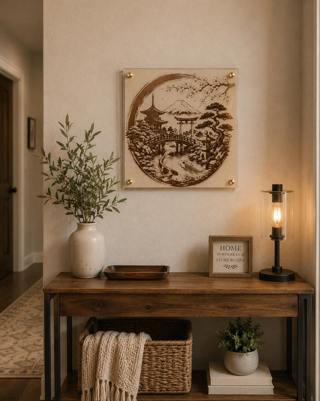 Japanese Geisha Wood Wall Art | Laser Engraved Koi, Cherry Blossoms (12x12")