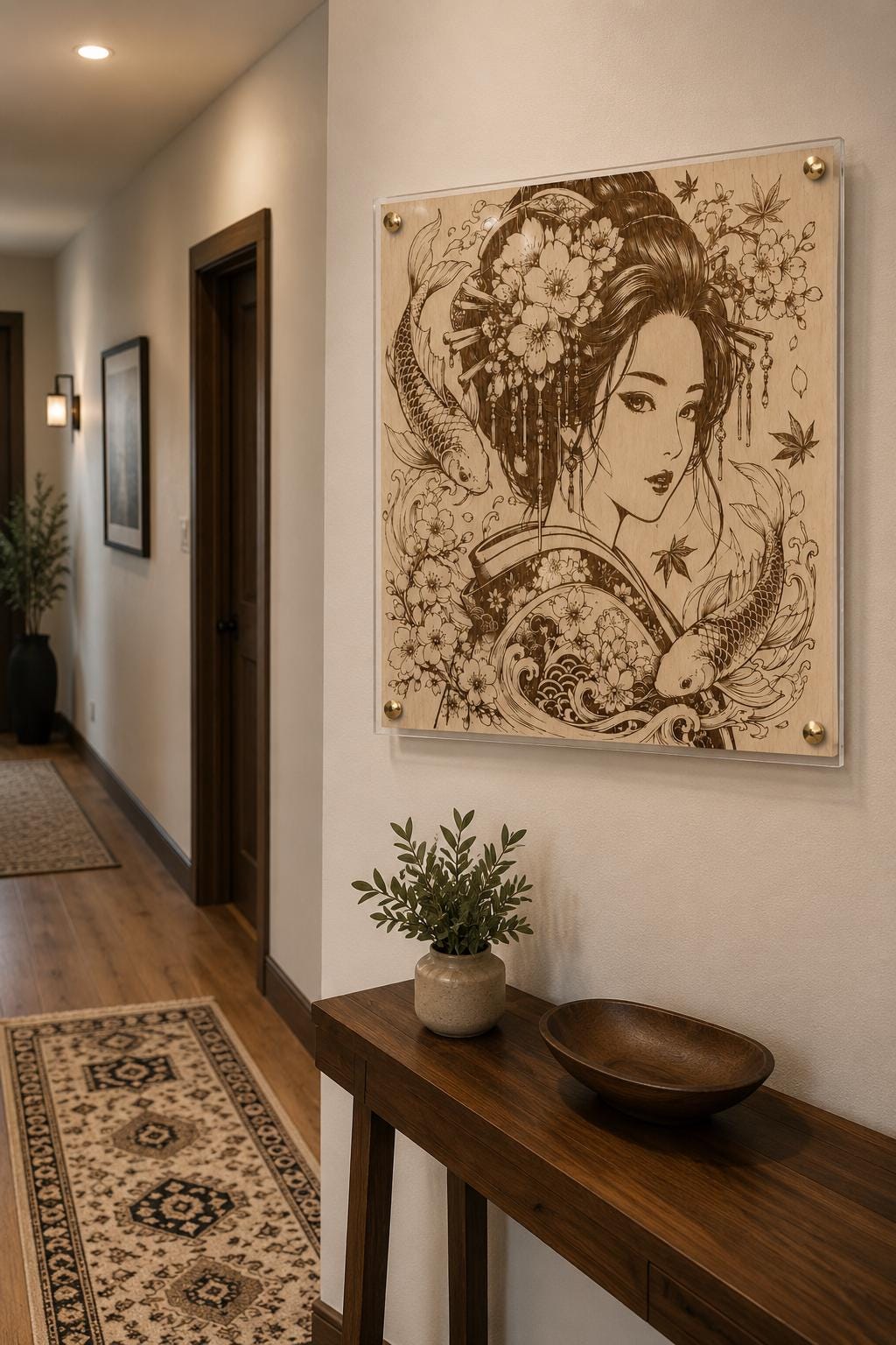 Japanese Geisha Wood Wall Art | Laser Engraved Koi, Cherry Blossoms (12x12")