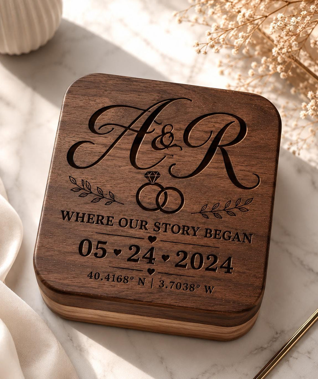 Personalized Walnut Ring Box, Custom Engraved Proposal Keepsake, Wedding Anniversary Gift