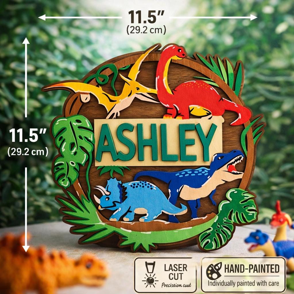 Personalized Dinosaur Name Sign, Laser Cut Hand Painted Wooden Nursery Decor