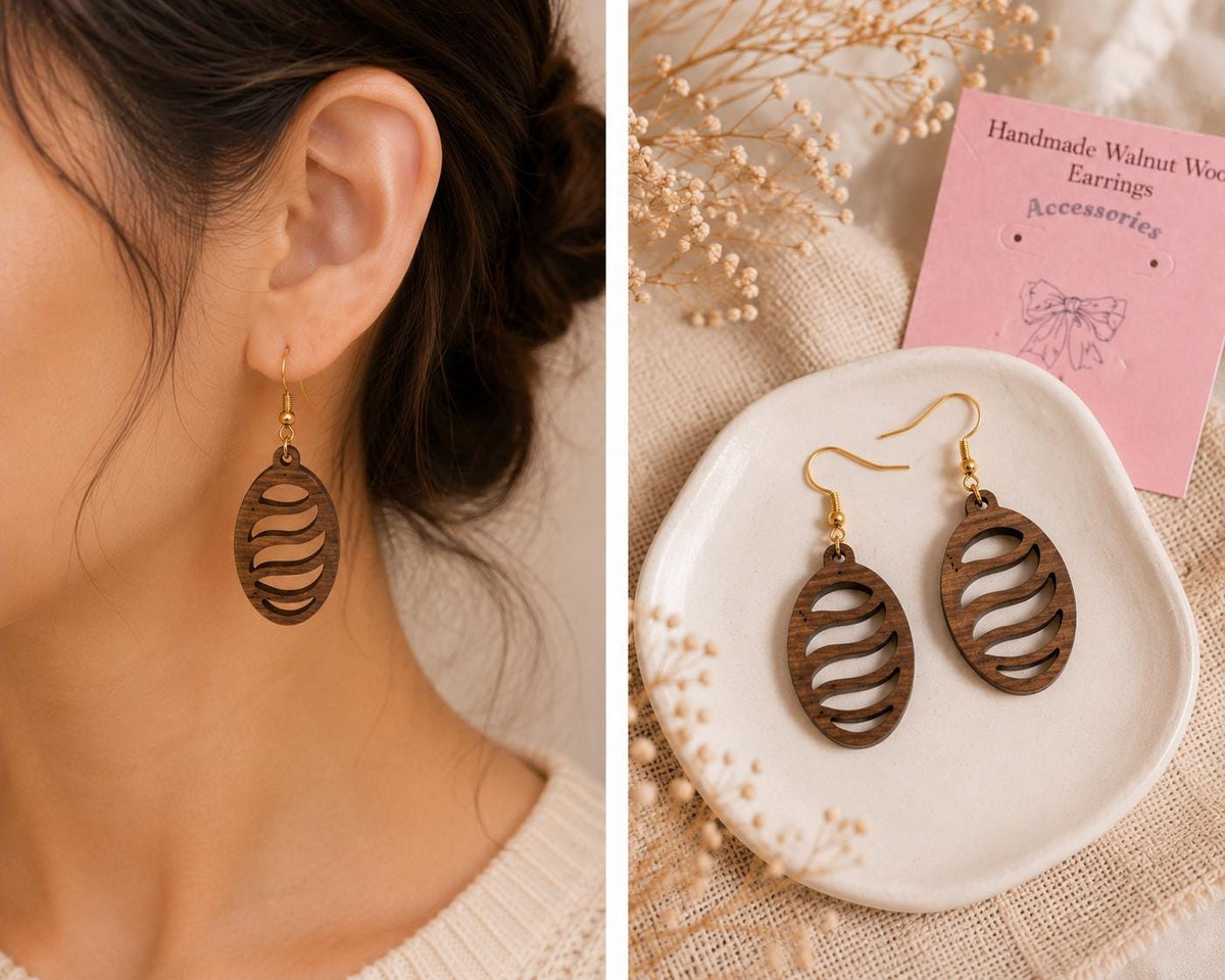 Handmade Walnut Wood Dangle Earrings | Laser Cut Lightweight Jewelry