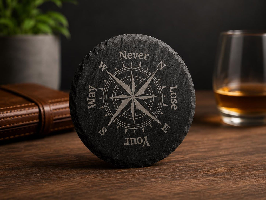 Never Lose Your Way Slate Coasters. Compass Engraved Drink Coasters