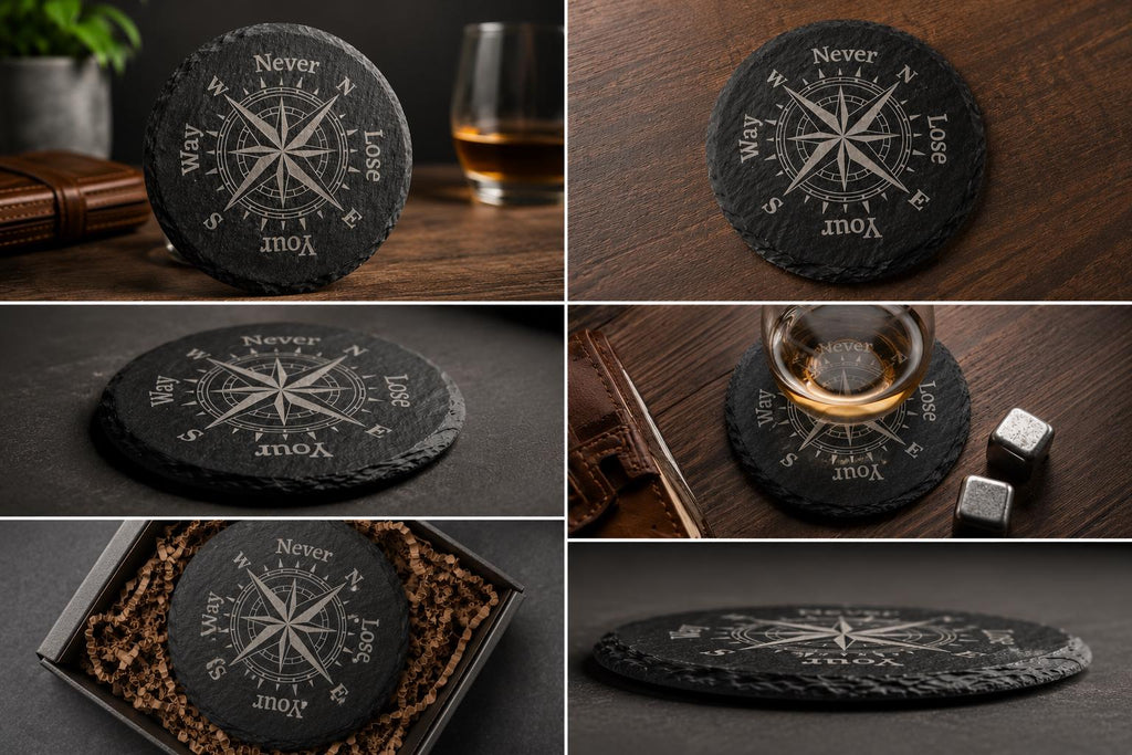 Never Lose Your Way Slate Coasters. Compass Engraved Drink Coasters