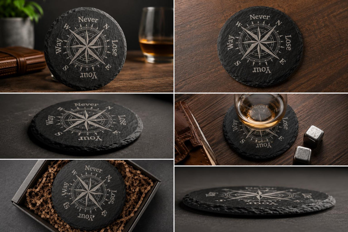 Never Lose Your Way Slate Coasters. Compass Engraved Drink Coasters