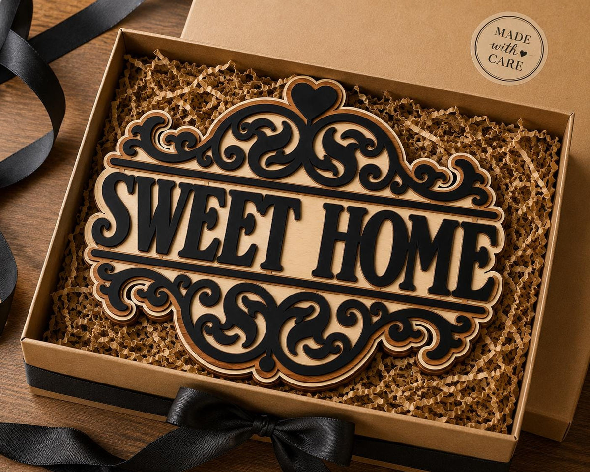 3-Layer Birch Wood Sweet Home Sign, Farmhouse Entryway Decor, Laser-Cut Wall Art