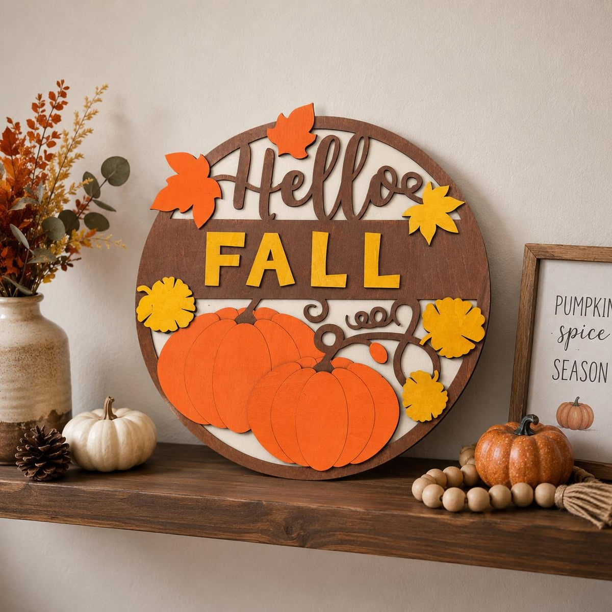 Multilayer Birch Wood Fall Sign, Pumpkin Sunflower Autumn Decor (11.875" H x 10.875" W)