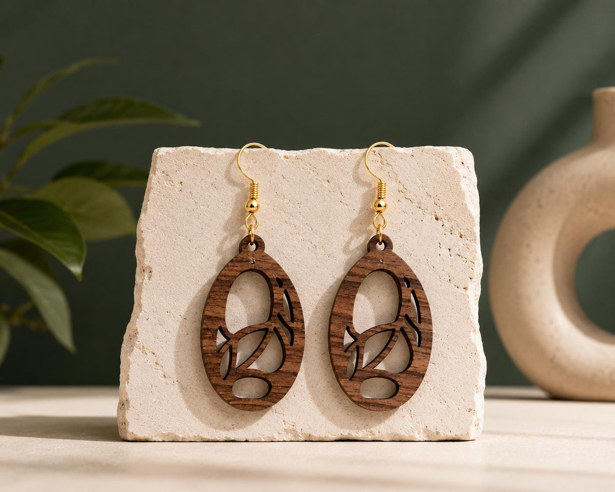 Handmade Walnut Wood Dangle Earrings | Laser Cut Lightweight Jewelry