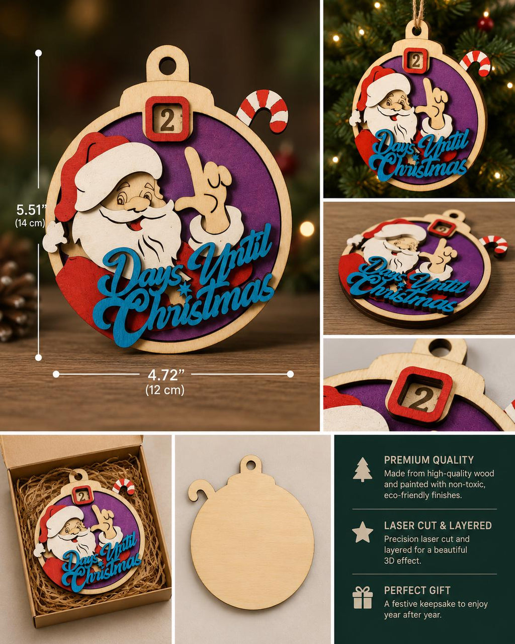Wooden Christmas Countdown Ornament, Movable Days Until Christmas Decor, Santa Snowman Reindeer Styles