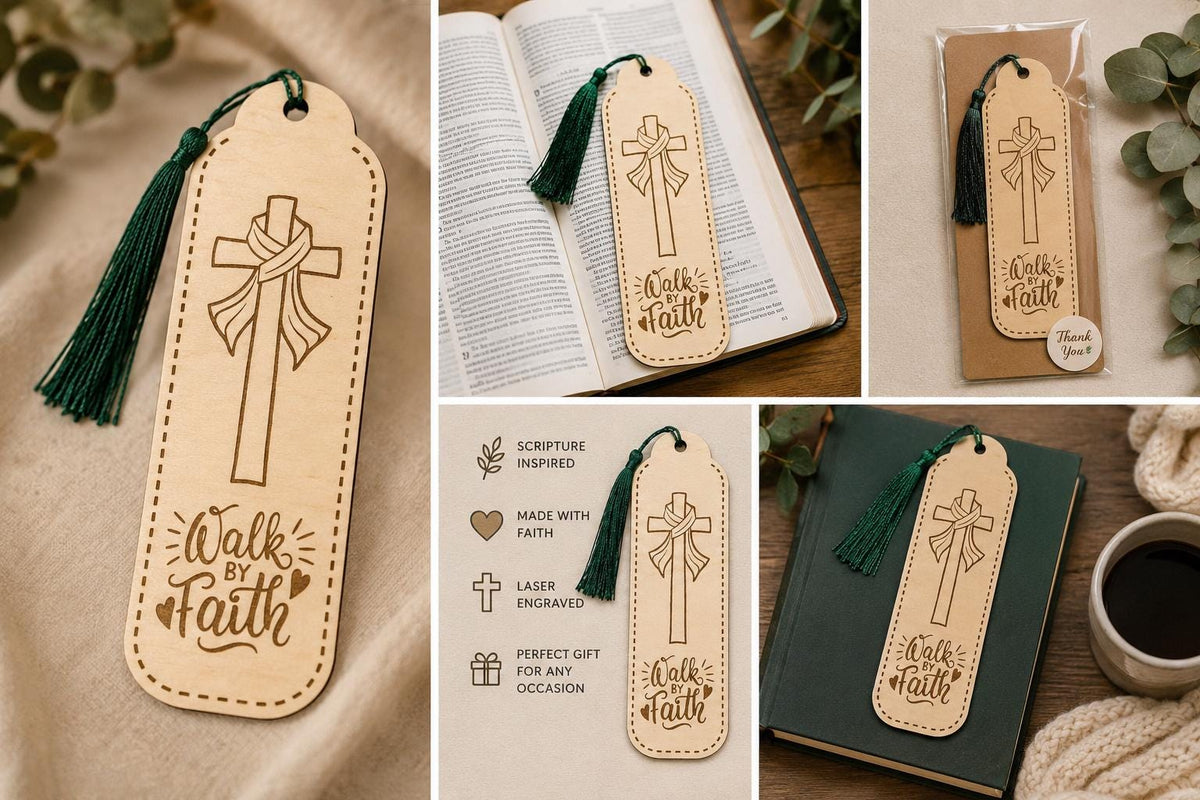 Set of 5 Laser Engraved Wooden Bookmarks | Scripture Inspired, Faith Tassel Bundle