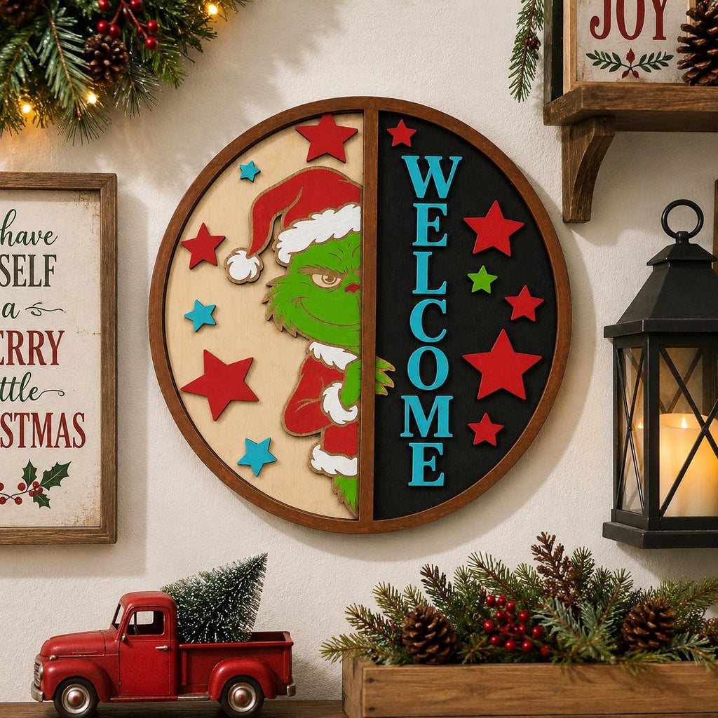 Grinch Christmas Welcome Sign, Multilayer Birch Wood Door Hanger, 3D Holiday Decor