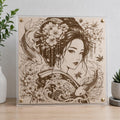 Japanese Geisha Wood Wall Art | Laser Engraved Koi, Cherry Blossoms (12x12")