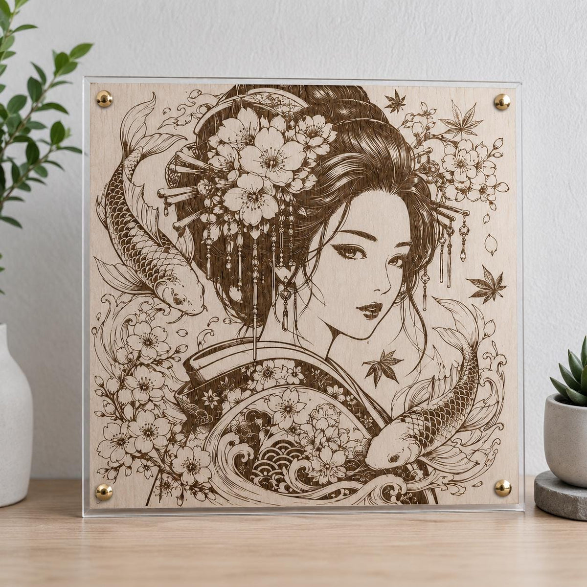 Japanese Geisha Wood Wall Art | Laser Engraved Koi, Cherry Blossoms (12x12")