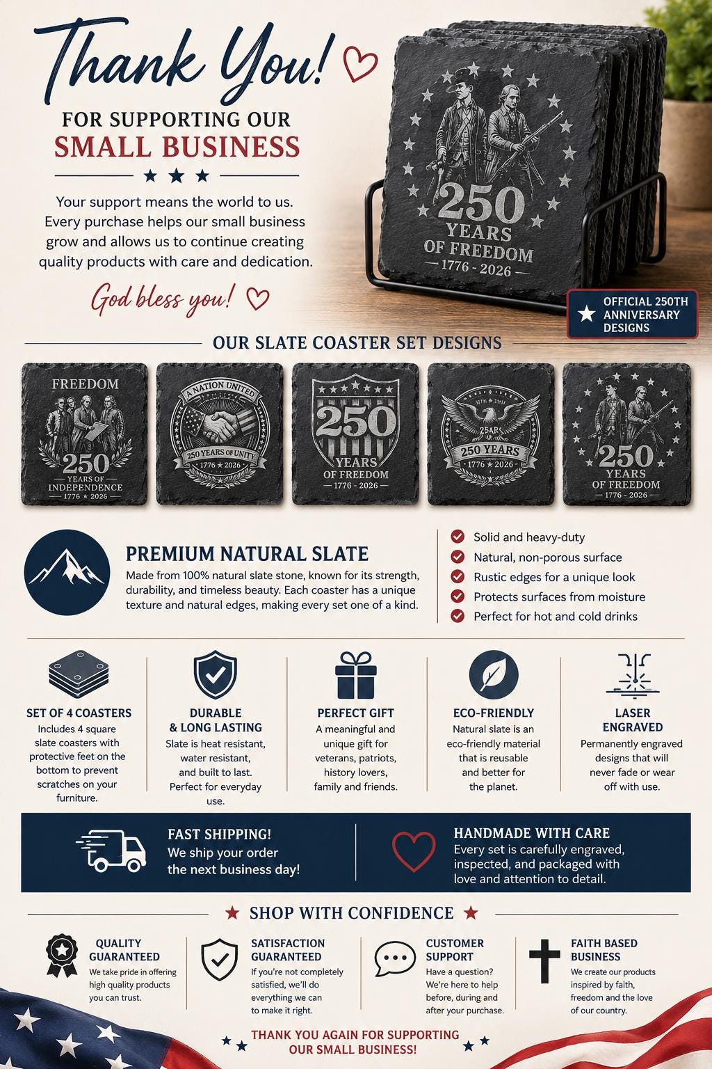 Engraved Slate Coaster, America 250 Years Patriotic Decor, 1776-2026