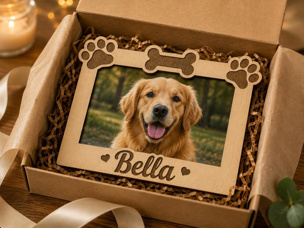 Personalized Dog Photo Frame – Engraved Wood, Paw Prints, Bone Design (Custom Name)