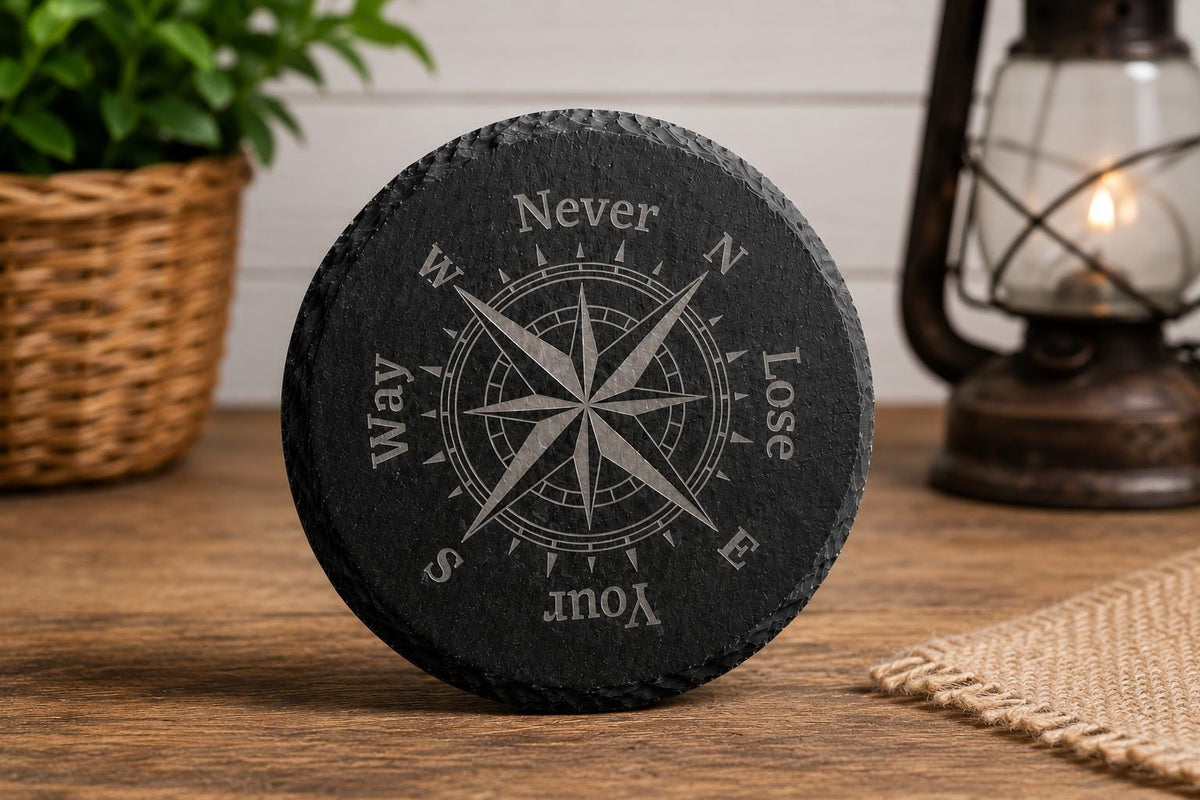 Never Lose Your Way Slate Coasters. Compass Engraved Drink Coasters
